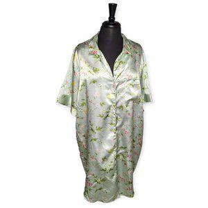 Maidenform Green Floral Satin Button Down Short Sleeve Night Shirt Size 1X